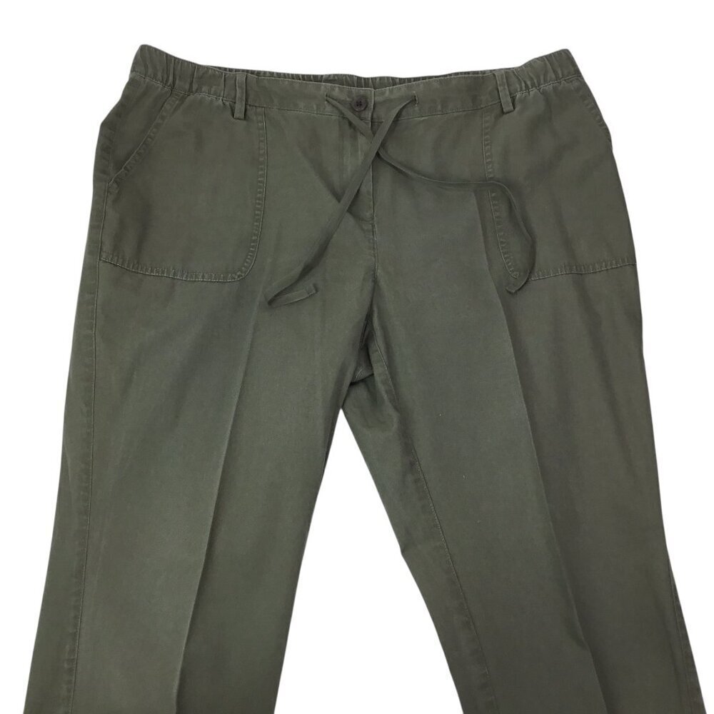 Lands' End Petite Capri Capris 16P Army Green Elastic Waist Pockets Button Cuff